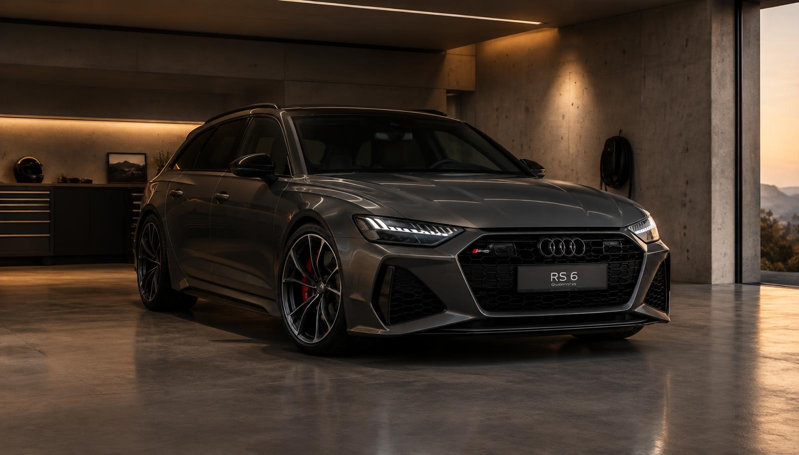 Audi RS6 Avant gris foncé dans un garage privé contemporain au coucher du soleil