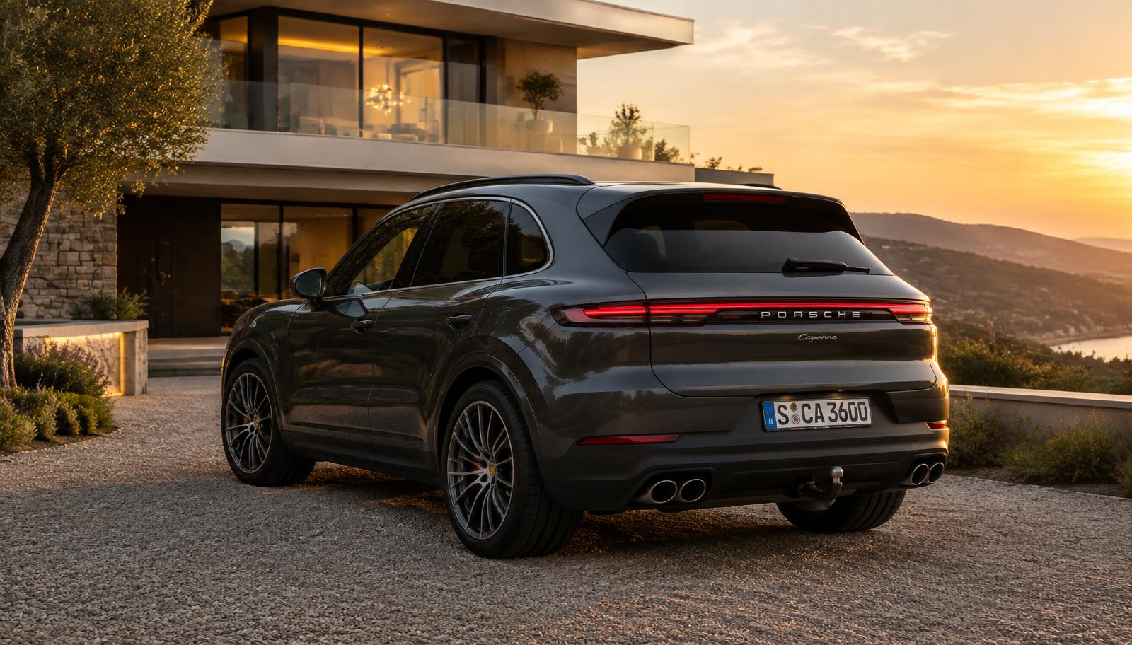 Porsche Cayenne gris foncé avec attelage, garé devant une villa contemporaine au coucher du soleil