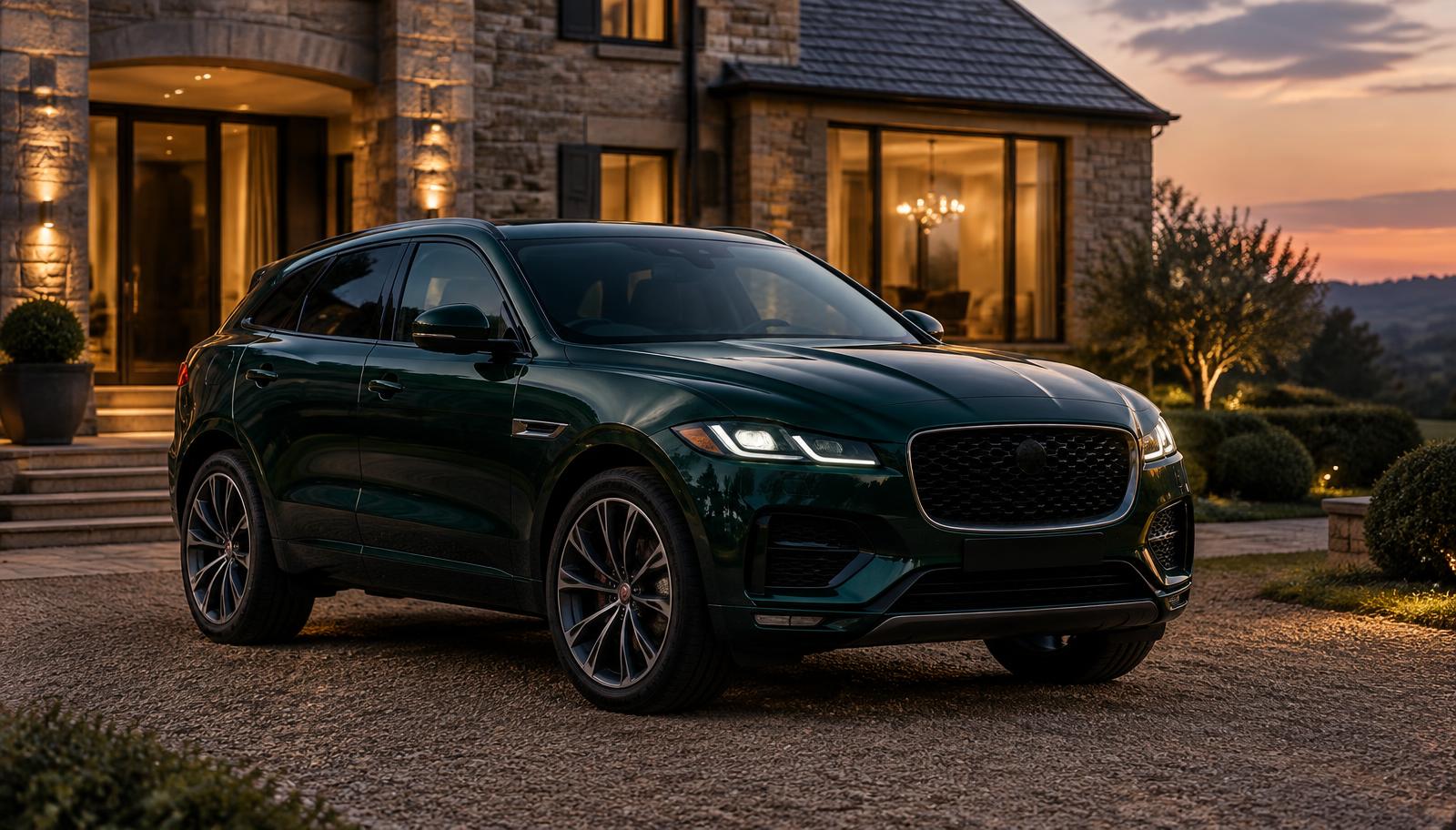 Jaguar F-Pace vert foncé garé devant une demeure en pierre au crépuscule
