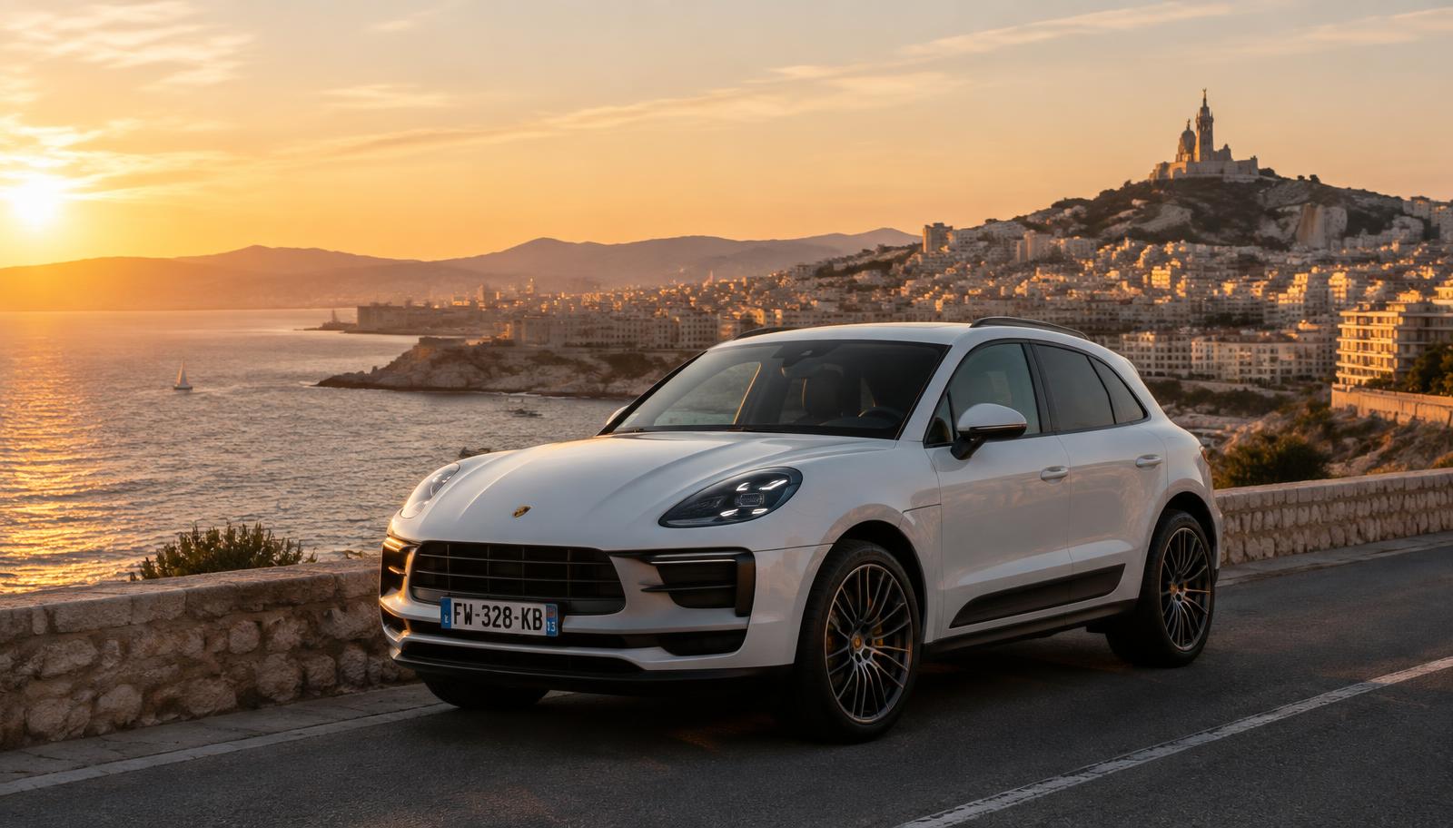 Porsche Macan blanc sur la corniche de Marseille face à la Méditerranée