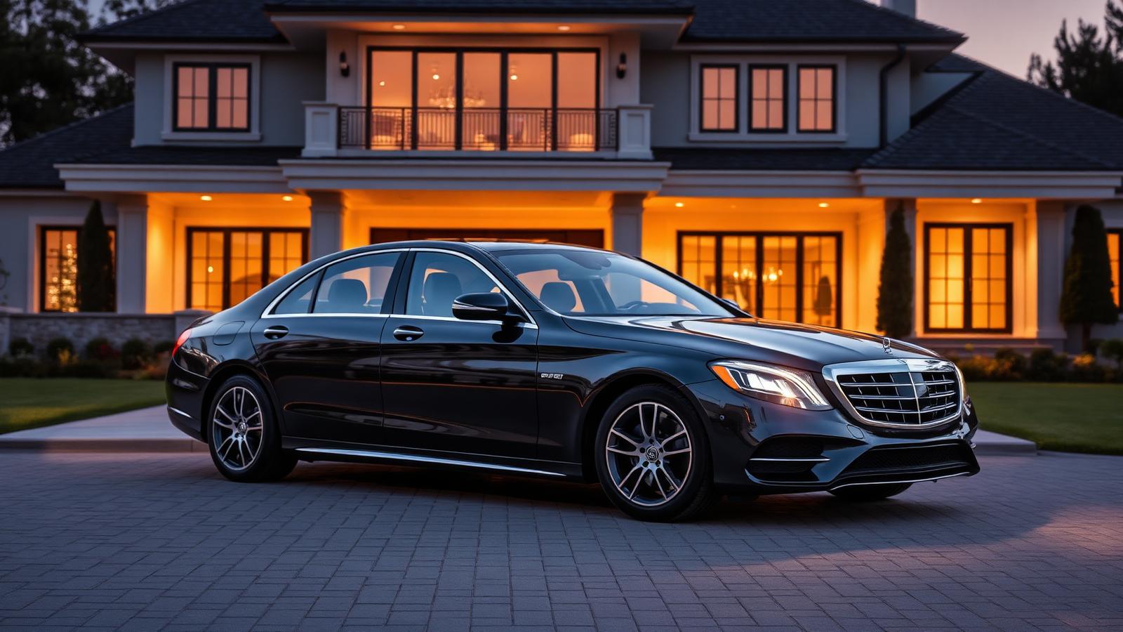 Berline Mercedes haut de gamme devant une propriété, illustration assurance voiture de luxe