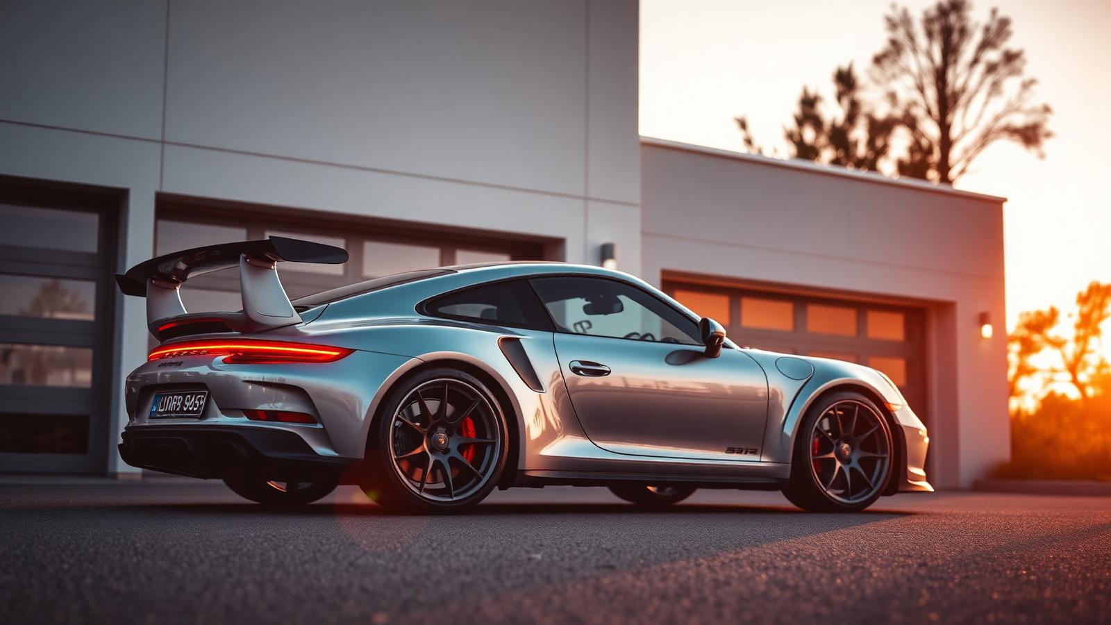 Porsche 911 GT3 argentée garée devant un garage privé contemporain au coucher du soleil