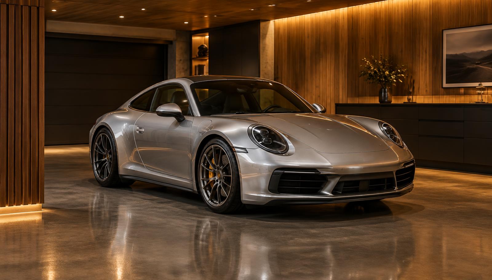 Porsche 911 argentée dans un garage privé élégant éclairé
